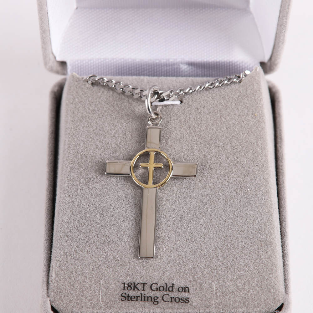 Necklace – Sterling Silver – Cross with Gold Cross Center – 24″ Silver