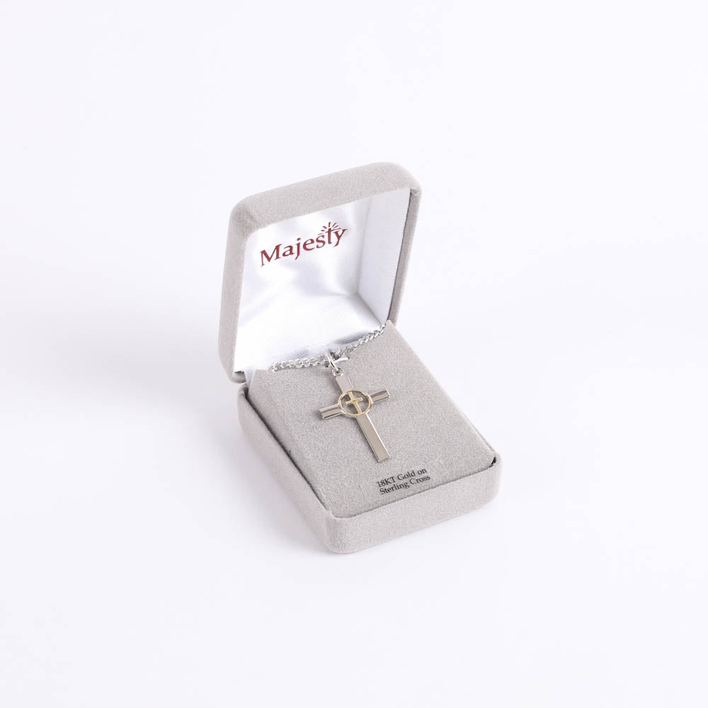 Necklace – Sterling Silver – Cross with Gold Cross Center – 24″ Silver