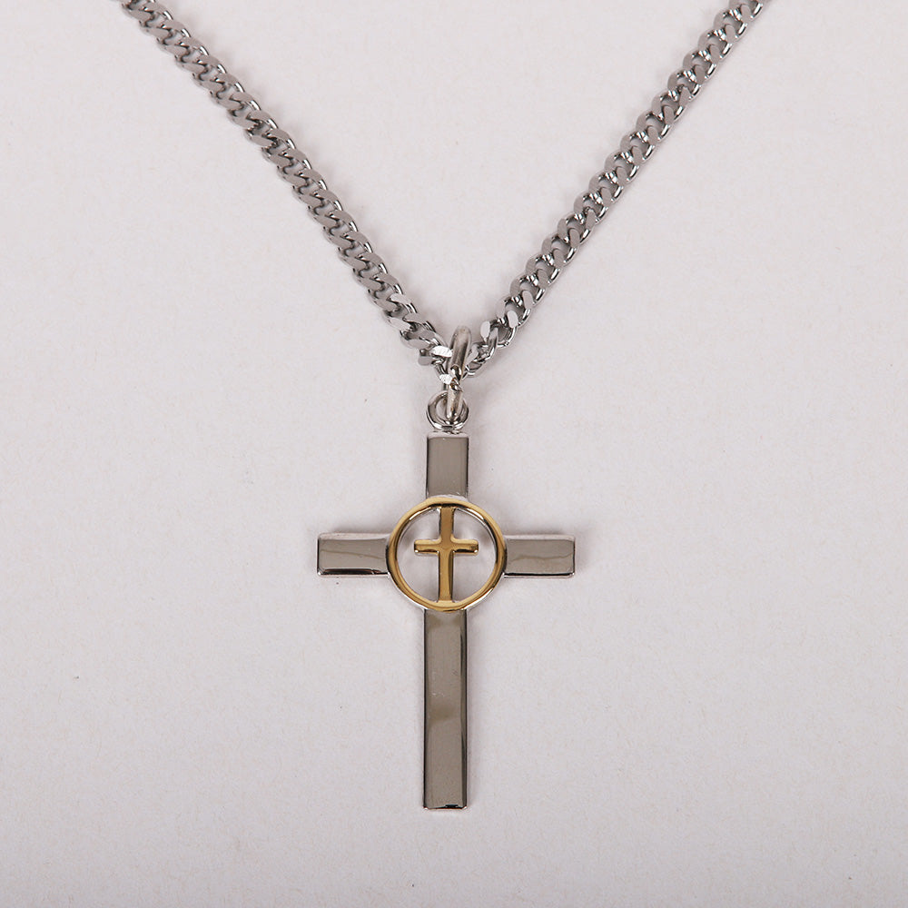 Necklace – Sterling Silver – Cross with Gold Cross Center – 24″ Silver