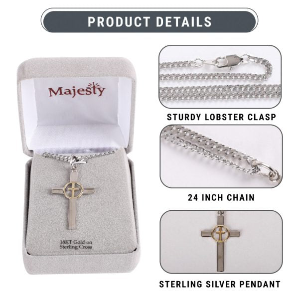 Necklace – Sterling Silver – Cross with Gold Cross Center – 24″ Silver