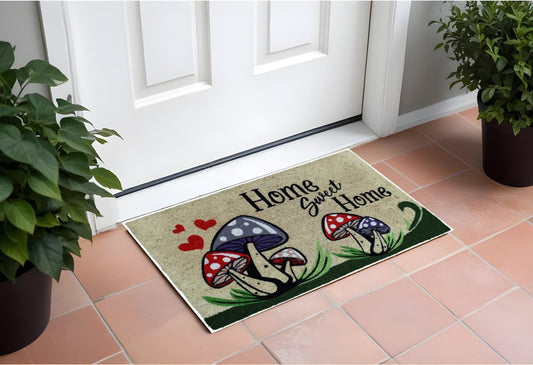 18" X 30" Beige and Black Coir Mushrooms Home Sweet Home Outdoor Door Mat