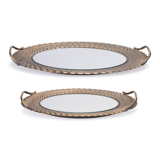 Set of Two Antiqued Bronze Metal And Mirrored Glass Oval Serving Trays With Handles