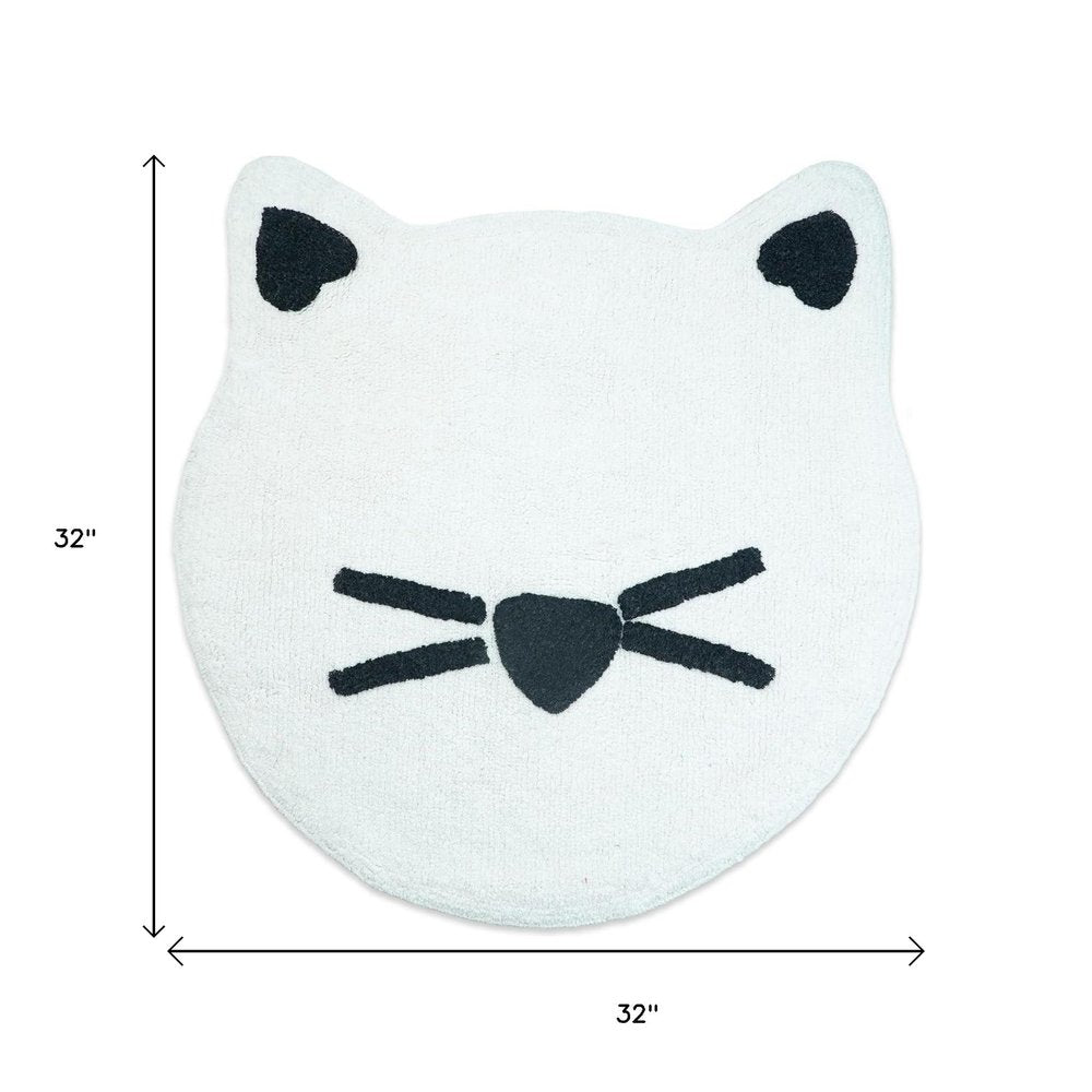 32" White And Black Cotton Kitty Cat Shaped Youthful Bath Rug