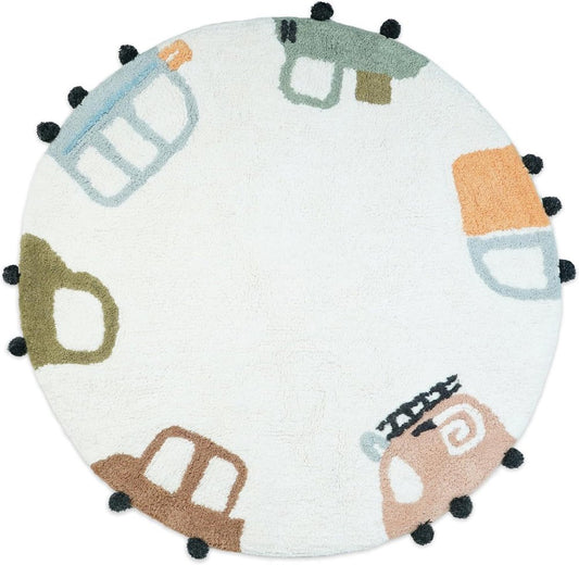 32" White Blue And Green Cotton Cars Round Youthful Bath Rug