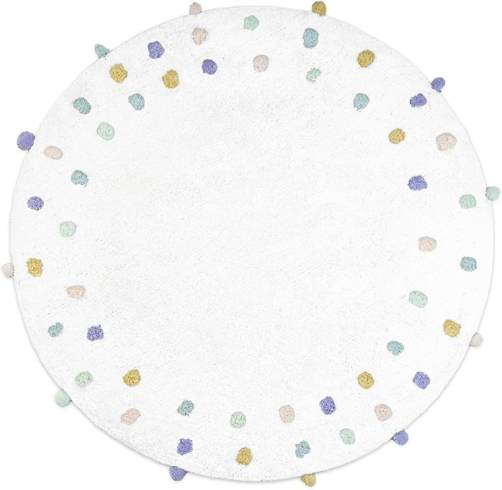 32" White Green And Purple Cotton Round Polka Dots Bath Rug