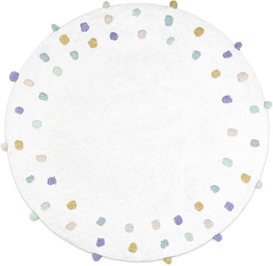 32" White Green And Purple Cotton Round Polka Dots Bath Rug