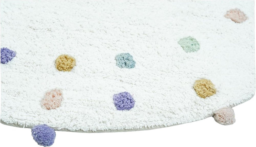 32" White Green And Purple Cotton Round Polka Dots Bath Rug