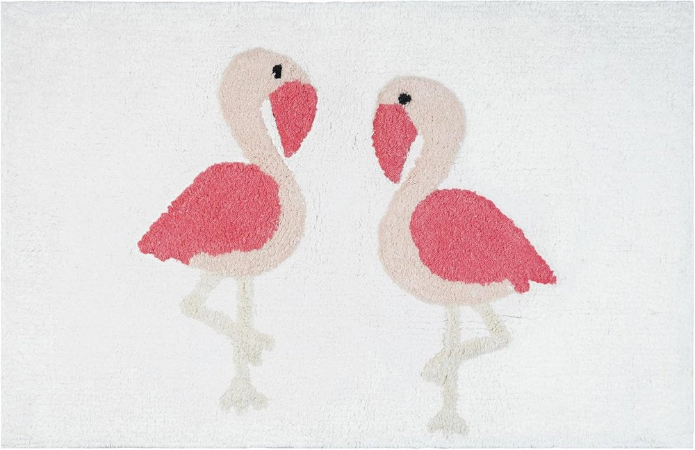 32" Pink And White Cotton Flamingo Non Slip Bath Rug