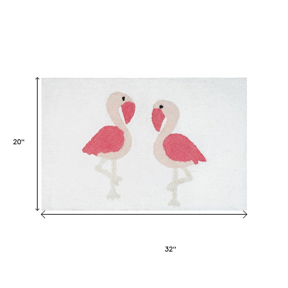 32" Pink And White Cotton Flamingo Non Slip Bath Rug