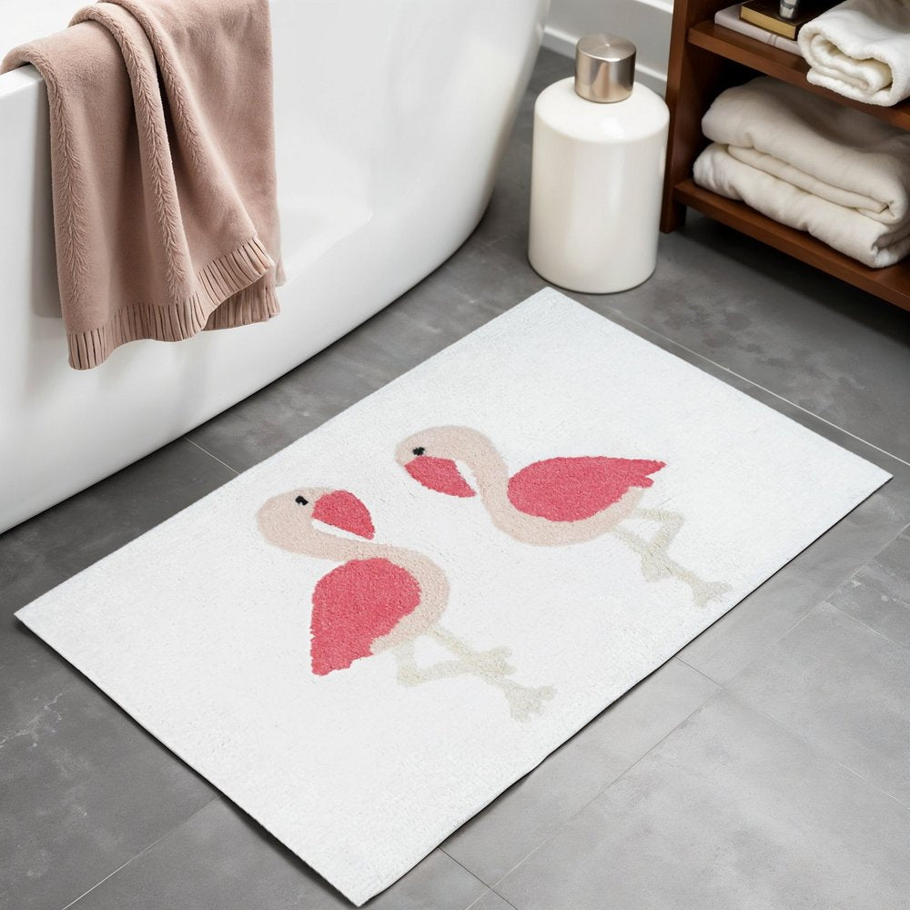 32" Pink And White Cotton Flamingo Non Slip Bath Rug