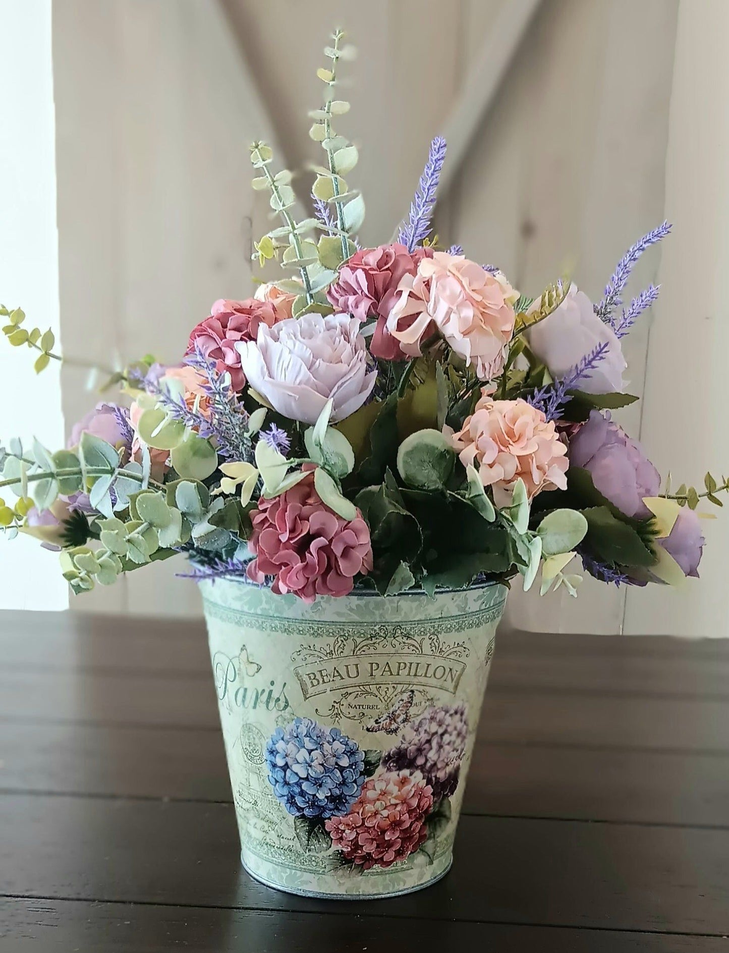 Soft Pastel Silk Arrangement in Metal Flower Pot