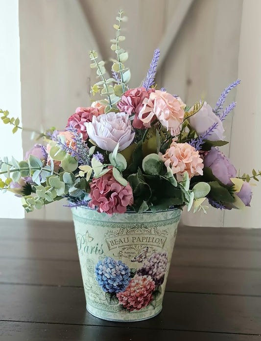 Soft Pastel Silk Arrangement in Metal Flower Pot