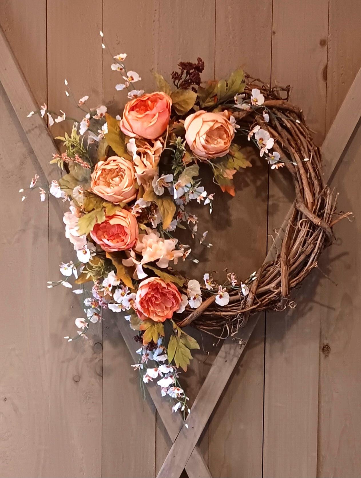 Peach Silk and White Grapevine Wreath -SALE!!