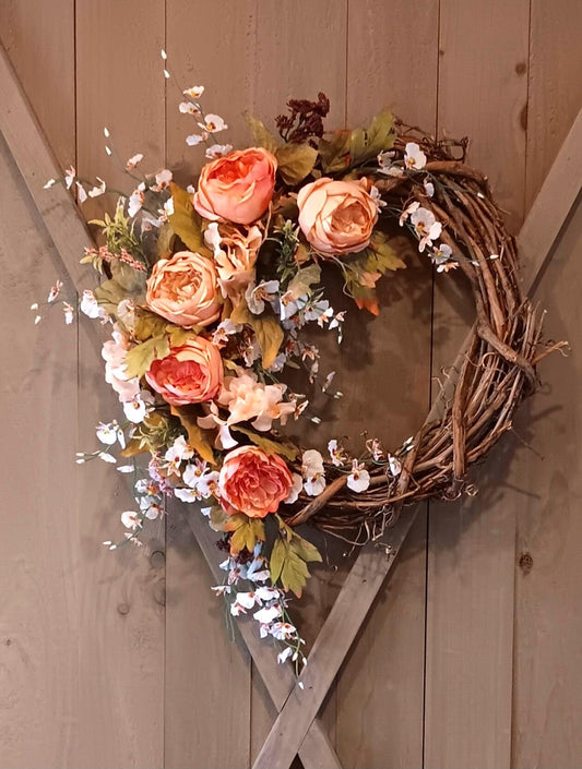 Peach Silk and White Grapevine Wreath -SALE!!