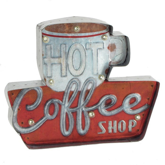 14" x 11.63" Light Up LED Hanging "HOT COFFEE" Metal Wall Hanging Sign