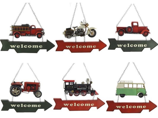 Set of 6 Assorted Vintage Automobile Iron Hanging "WELCOME" Signs