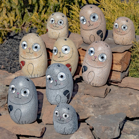 Set of 3 Solar "Rock" Cats with Light Up Eyes in Three Assorted Colors