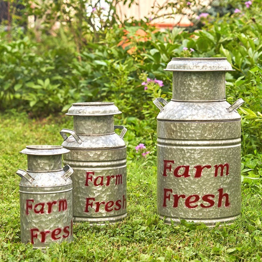 Set of 3 Galvanized Old Style Milk Jug Planters in Red