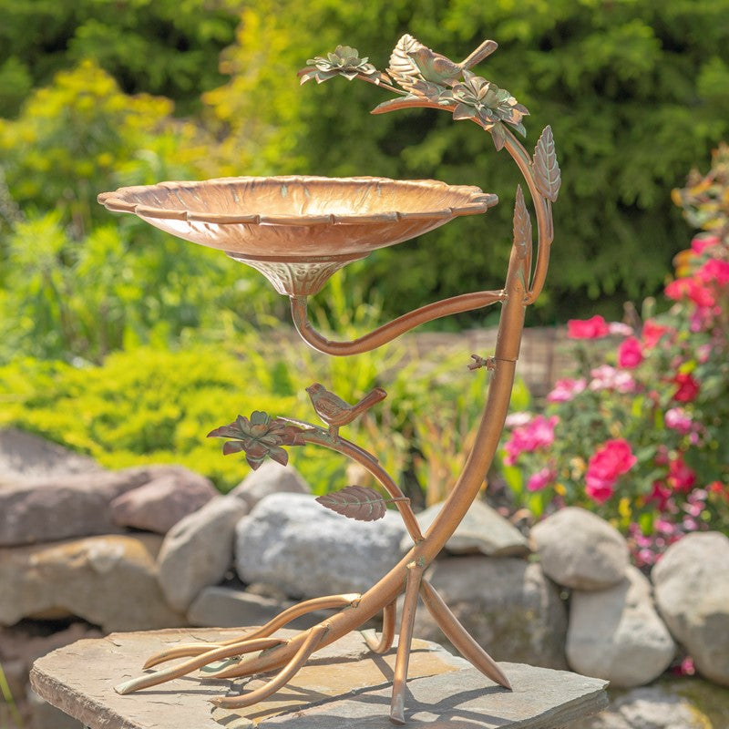 27" Tall Antique Copper Scallop Edge Birdbath with Branch Legs