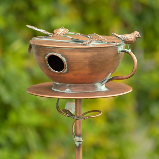 63" TALL TEA CUP BIRDHOUSE GARDEN STAKE IN ANTIQUE COPPER
