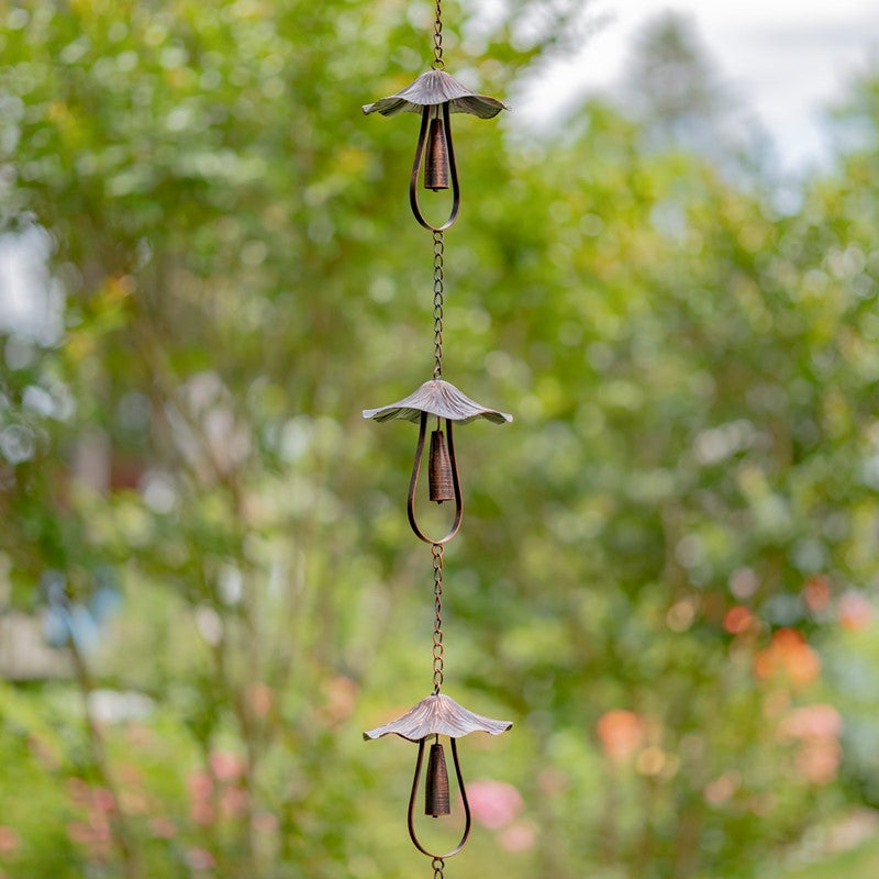76" LONG ANTIQUE BRONZE IRON RAIN CHAIN WITH MUSHROOM-SHAPED BELLS