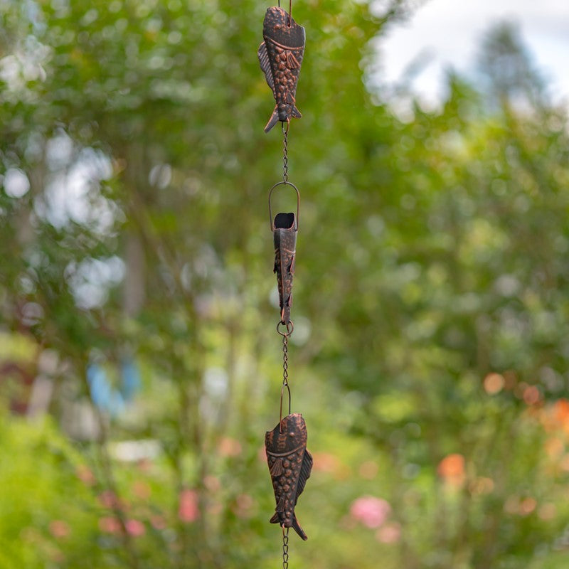 76.75" LONG ANTIQUE BRONZE IRON RAIN CHAIN WITH RAINBOW TROUT