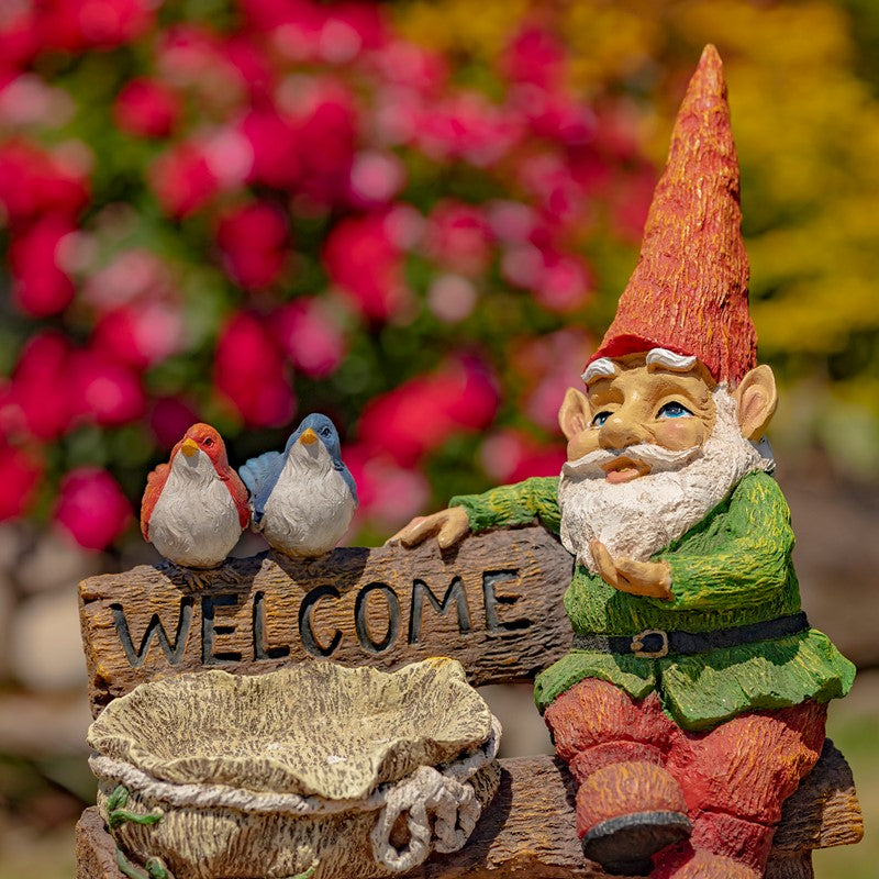 15.35" Tall Spring Garden Gnome with Welcome Sign, Birds and Birdbath