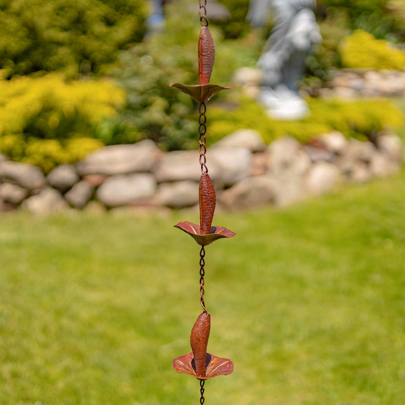 76.5" LONG IRON MUSHROOM RAIN CHAIN IN ANTIQUE RUST
