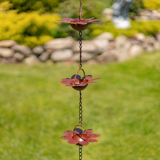 78" LONG IRON FLOWER RAIN CHAIN IN ANTIQUE RUST