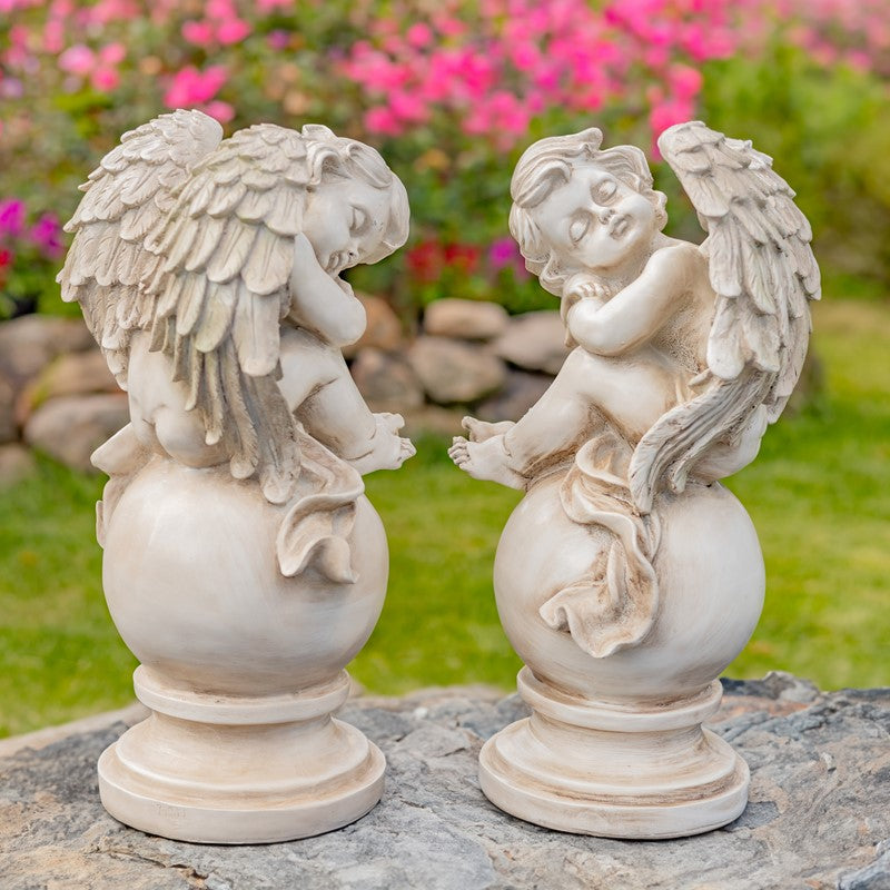 Set of Two 16" Tall MGO Cherubs Sitting on Globe Pedestals "Gabriel & Angelo"