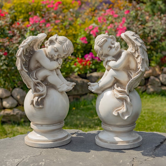 Set of Two 21" Tall Cherubs Sitting on Globe Pedestals "Yael & Cael"