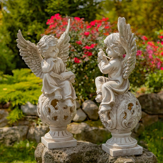 Set of Two 24" Tall Cherubs on Ornate Pedestals "Uriel & Sandalphon"