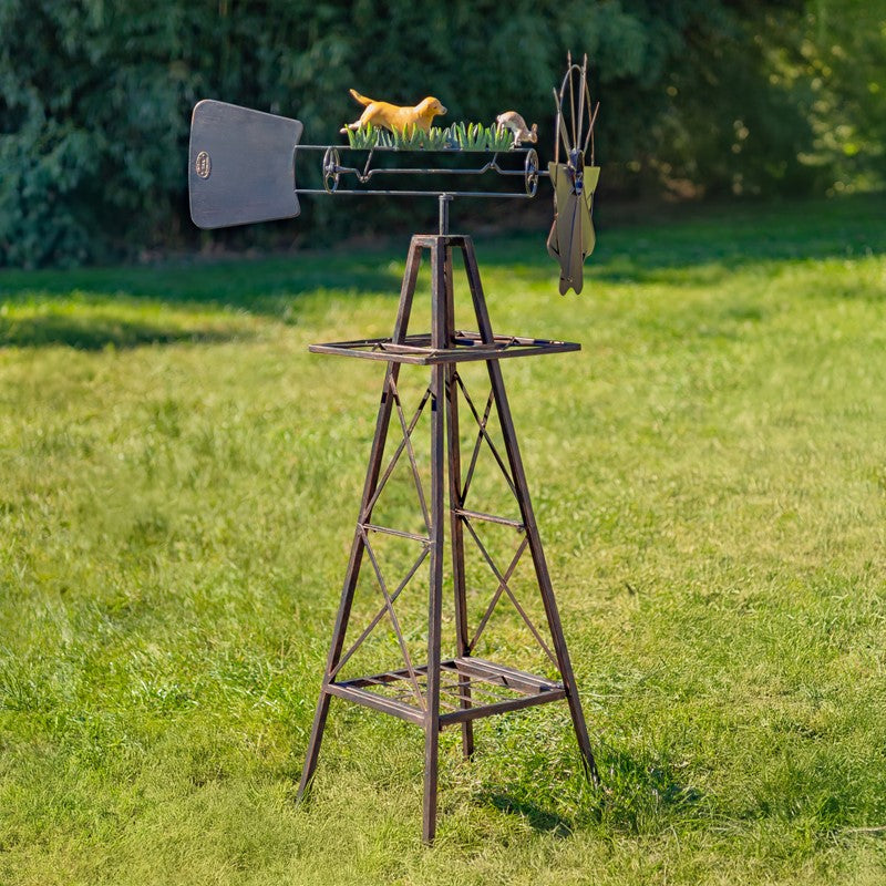 59.8" Tall Iron Windmill with Dog Chasing Rabbit on Weather Vane