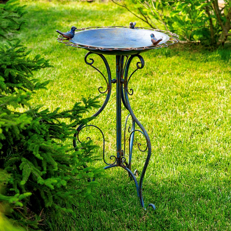 28.75" Tall Ornate Iron Birdbath with 3 Small Birds in Cobalt Blue "Stephania"