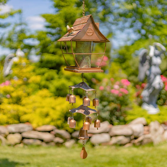 42" Long Hanging Pagoda Shaped Iron Birdfeeder with Toadstool & Bells