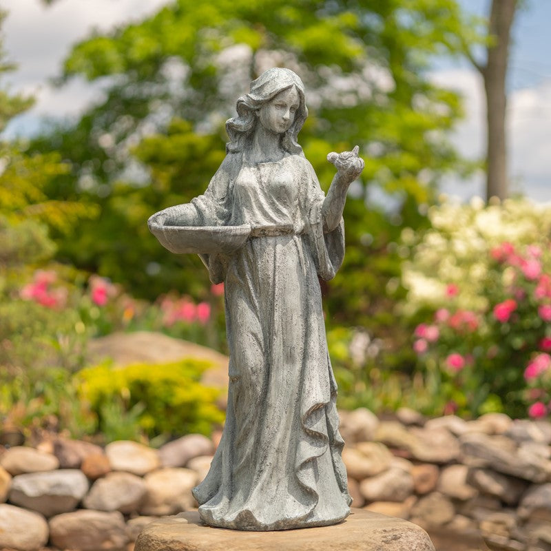 38" Tall Magnesium Girl Holding Bird and Bowl Garden Statue in Grey "Holly"