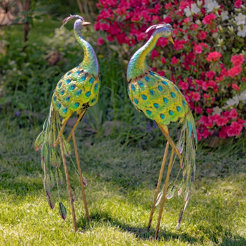 Set of 2 41" Tall Blue & Green Colorful Metal Peacocks with Acrylic Accents