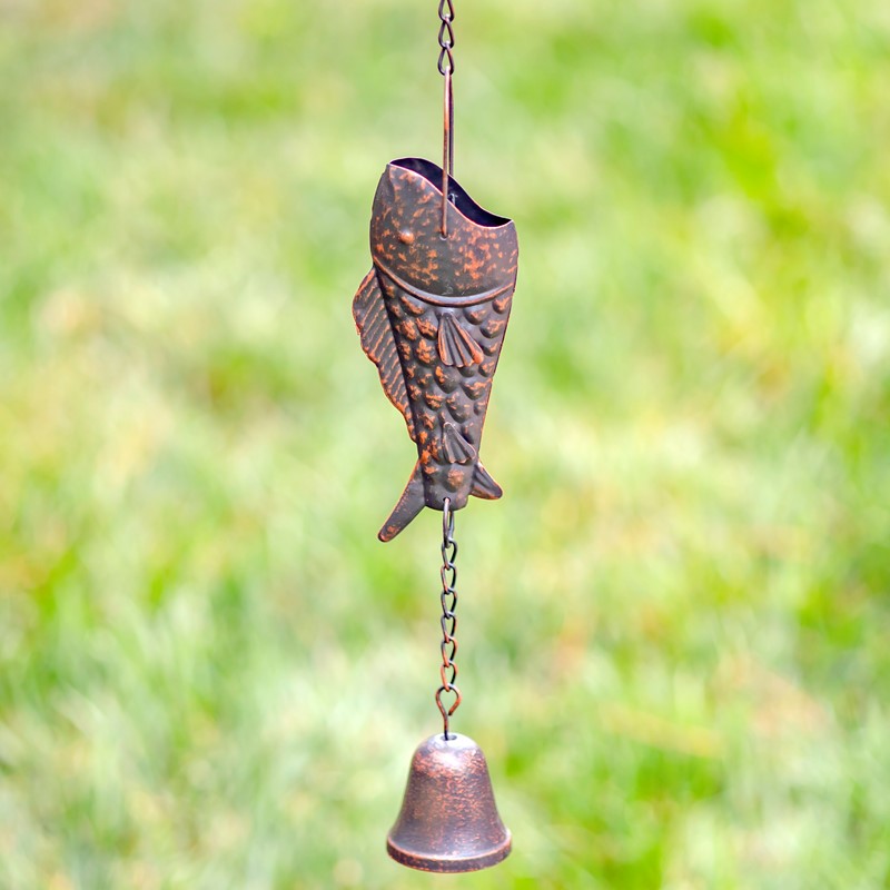 76.75" LONG ANTIQUE BRONZE IRON RAIN CHAIN WITH RAINBOW TROUT