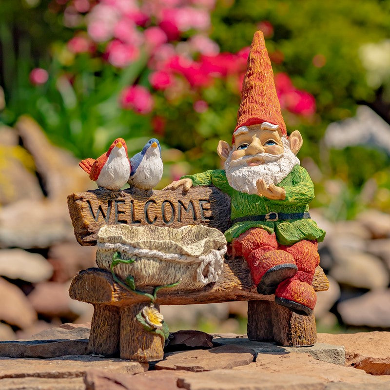 15.35" Tall Spring Garden Gnome with Welcome Sign, Birds and Birdbath