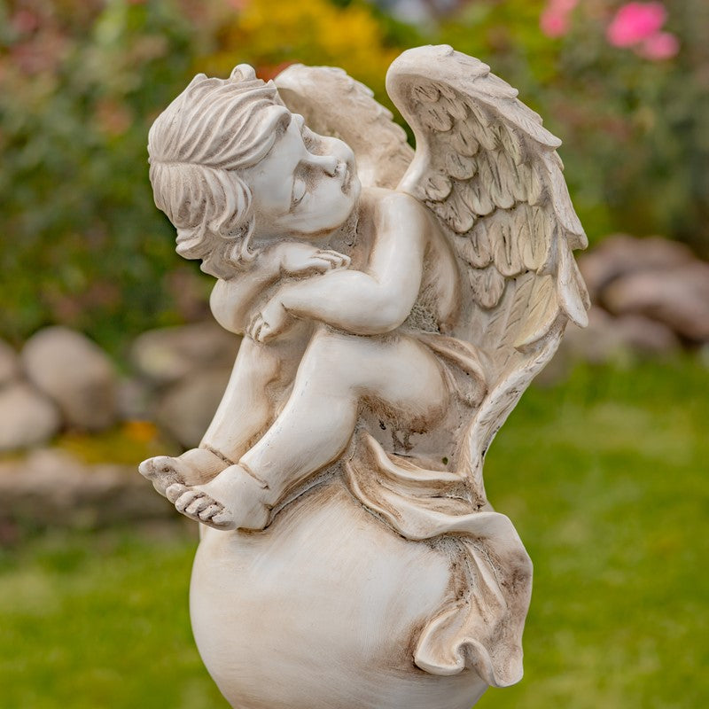 Set of Two 16" Tall MGO Cherubs Sitting on Globe Pedestals "Gabriel & Angelo"