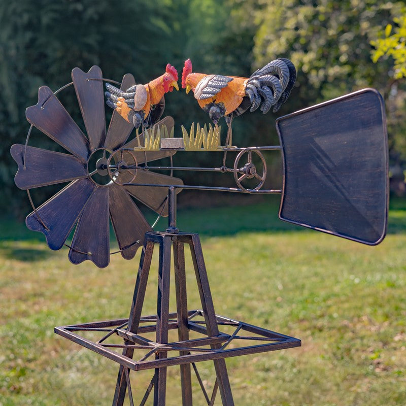 59.8" Tall Iron Windmill with Feeding Roosters & Weather Vane