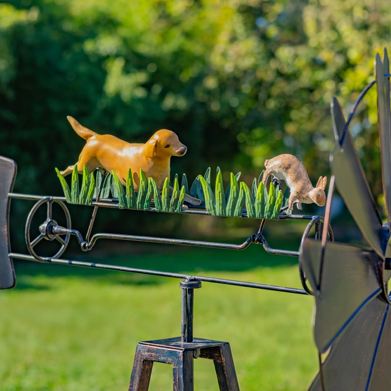 59.8" Tall Iron Windmill with Dog Chasing Rabbit on Weather Vane