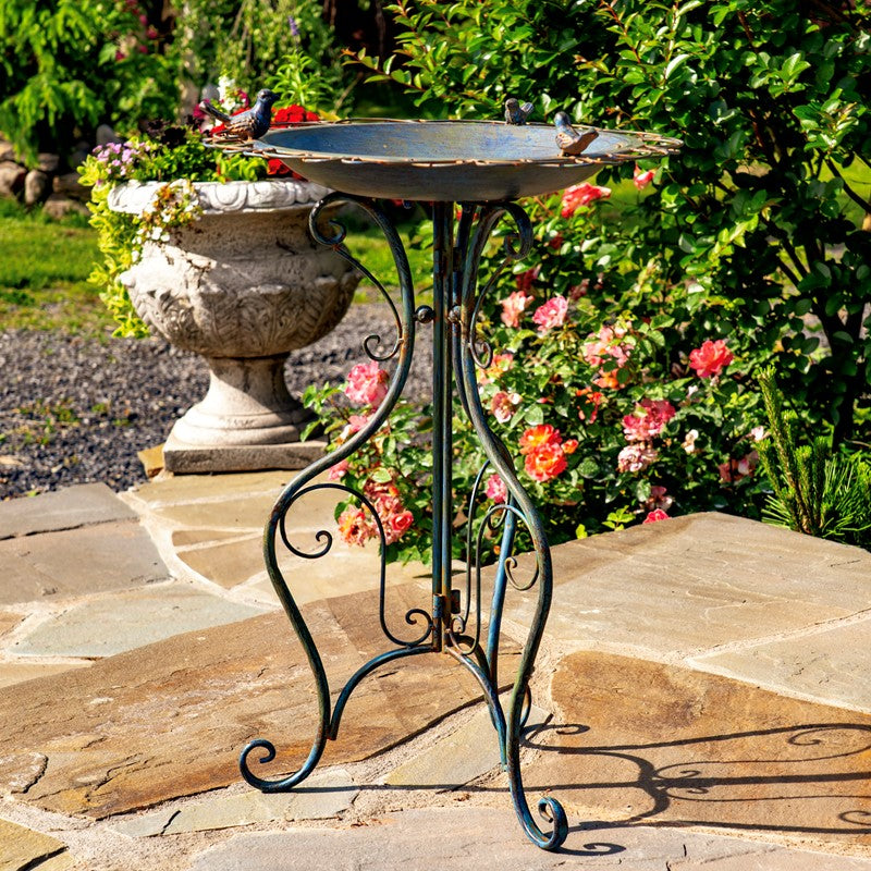 28.75" Tall Ornate Iron Birdbath with 3 Small Birds in Cobalt Blue "Stephania"