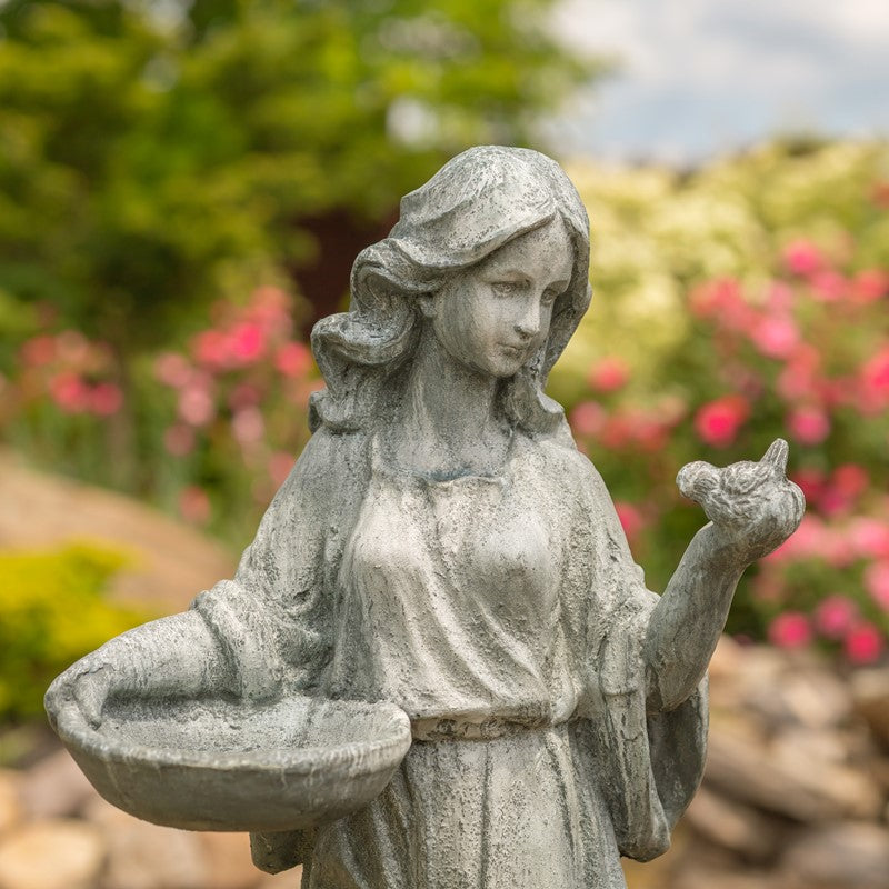 38" Tall Magnesium Girl Holding Bird and Bowl Garden Statue in Grey "Holly"