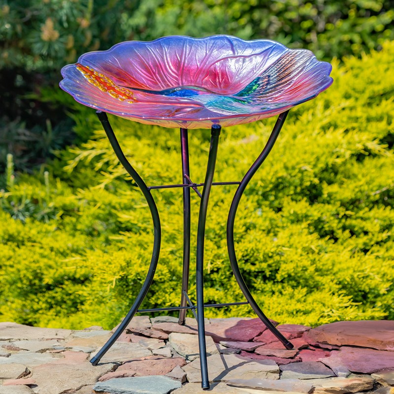 18" Glass Bowl Hummingbird Birdbath with Metal Stand "Rhode Island"
