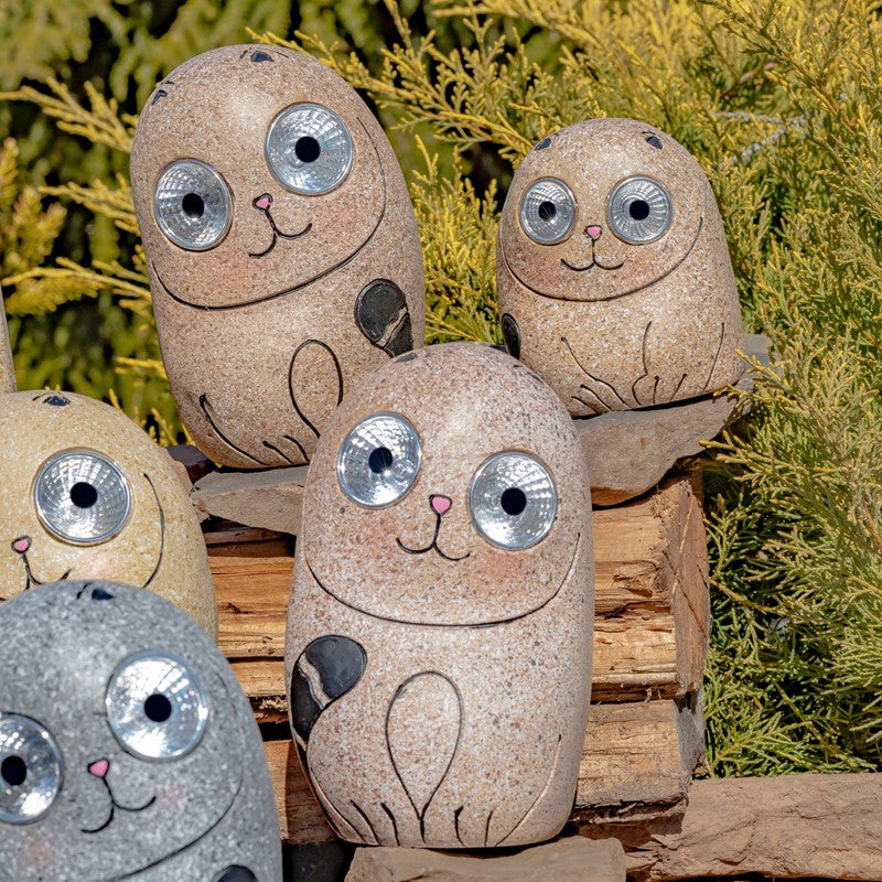 Set of 3 Solar "Rock" Cats with Light Up Eyes in Three Assorted Colors
