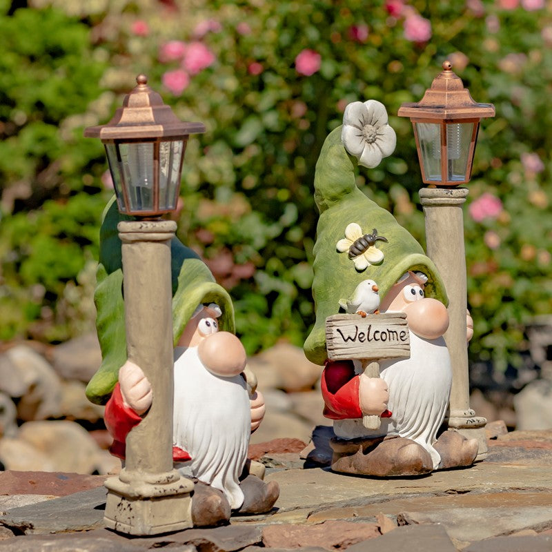 Set of 2 Spring Garden Gnomes with Solar Lanterns "Shortstack & Dinkle"