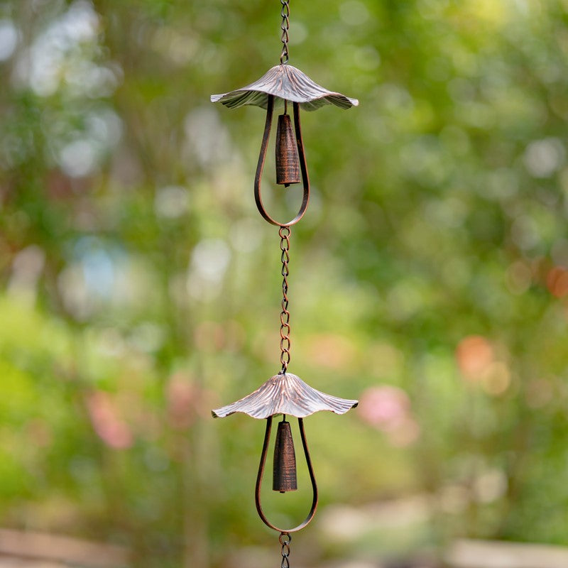 76" LONG ANTIQUE BRONZE IRON RAIN CHAIN WITH MUSHROOM-SHAPED BELLS