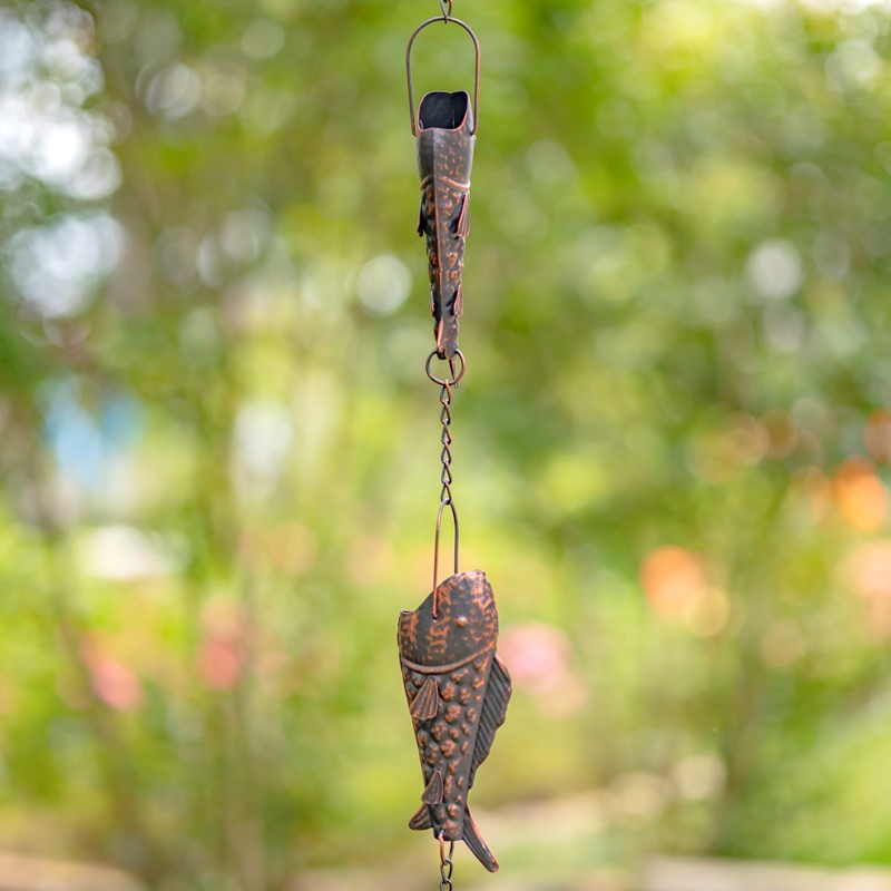76.75" LONG ANTIQUE BRONZE IRON RAIN CHAIN WITH RAINBOW TROUT
