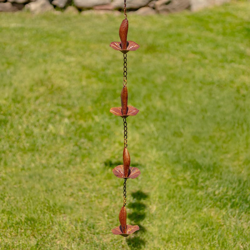 76.5" LONG IRON MUSHROOM RAIN CHAIN IN ANTIQUE RUST